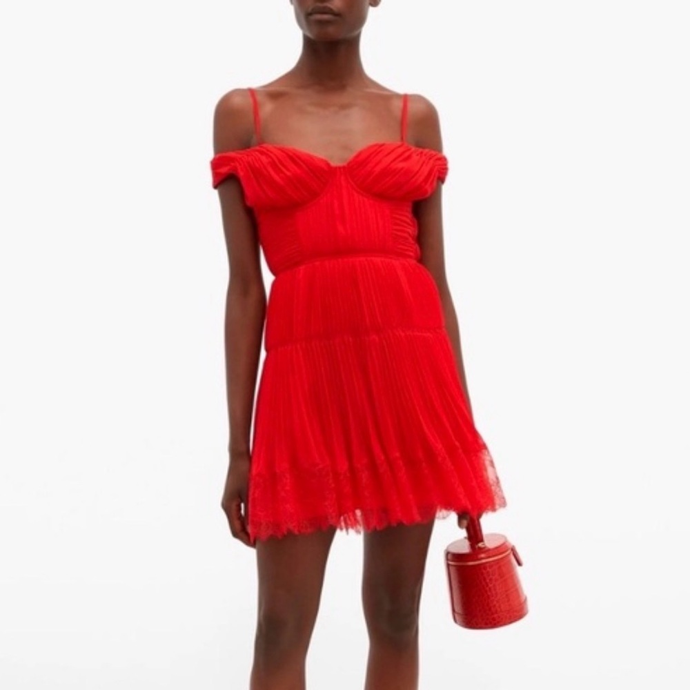 Self-Portrait Red Pleated Chiffon Cold Shoulder Mini Dress US 4